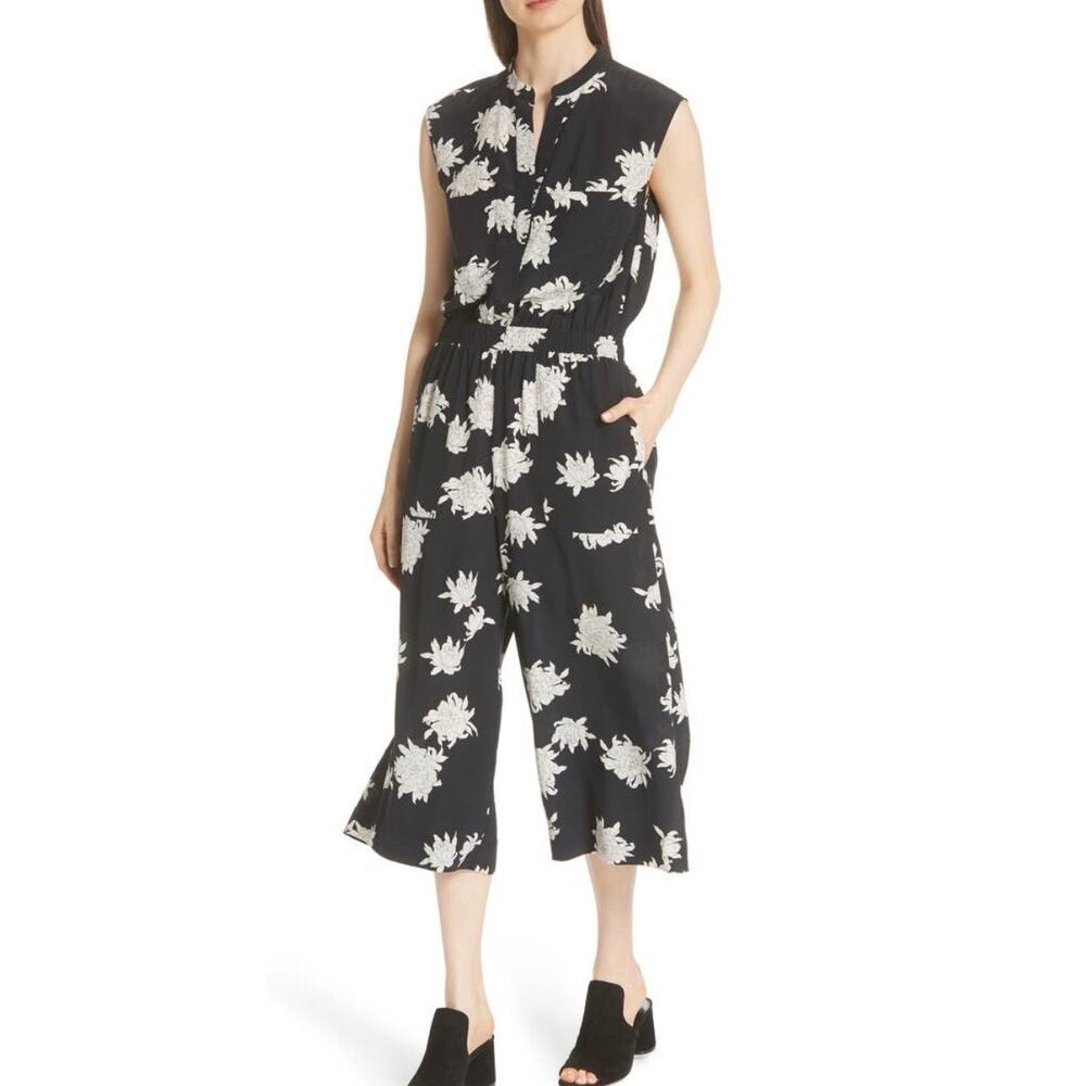 Vince Sz S Chrysanthemum Jumpsuit 100% Silk Black White Floral